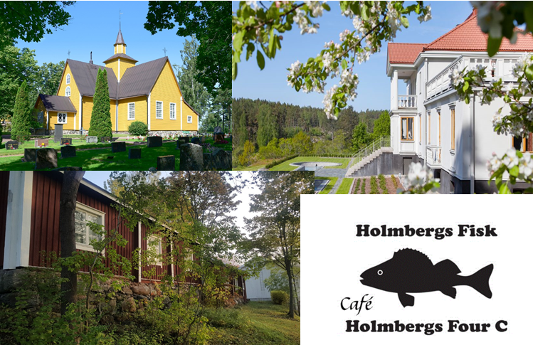 Bild på byggnaderna Dragsfjärds kyrka, Söderlångvik gård, Dalsbruks museum och reklam för Café Four C.